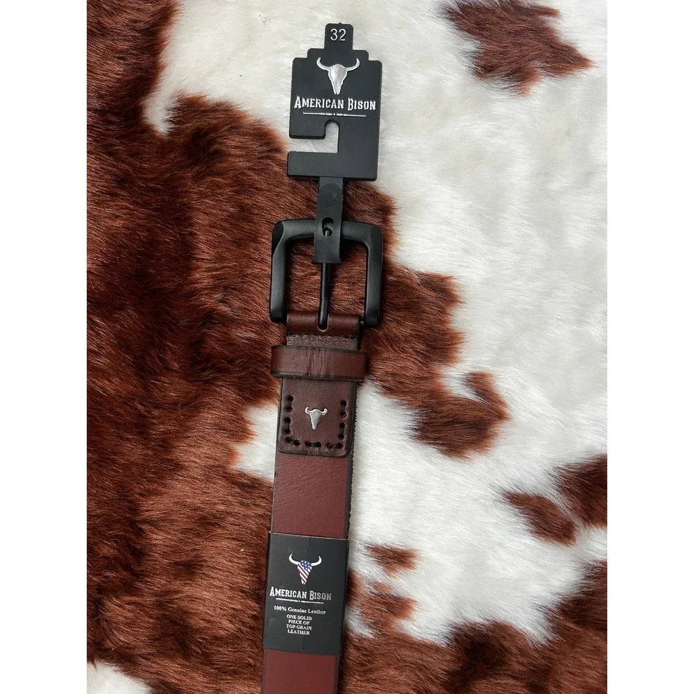 American Bison Mens Brown Top Grain Leather Belt Size‎ 32 Matte Black Buckle
